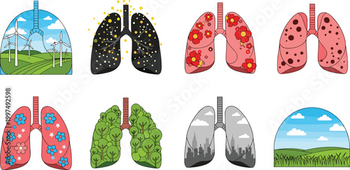 Creative Human Lung Vector Set Showing Healthy and Diseased Respiratory Conditions with Environmental Pollution, Allergies, and Medical Awareness Illustration Concepts.