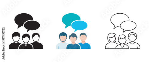 People talking icon set vector, chat and dialog bubble communication icons, line flat style symbol collection clean isolated illustration