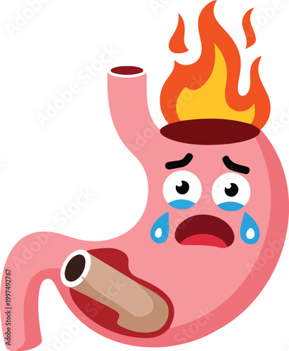 Sad cartoon stomach character with fire and tears representing heartburn acid reflux indigestion gastritis and digestive system health problems