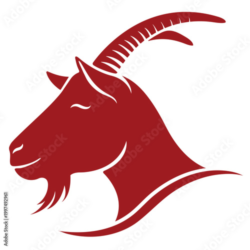 Stylized vector illustration of a goat head with long horns. Minimalist flat design in deep red color, isolated on transparent background. Perfect for farm branding or Capricorn zodiac symbol
