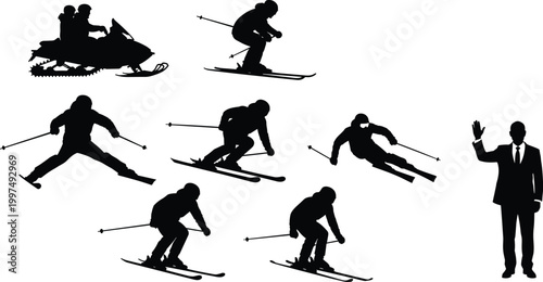 Winter sport silhouettes set, skiing snowmobile and skier action poses isolated on white background, extreme sport activity concept illustration