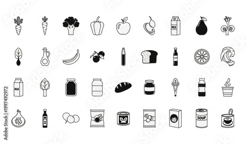 Ingredient and product icon set vector with food grocery and packaging symbols flat design