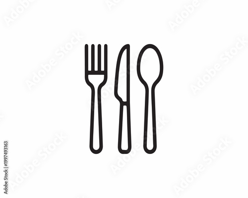 Three black utensil silhouettes side by side: fork, knife, and spoon, minimalist vector style, geometric outline, symbolizing dining and restaurants on white background