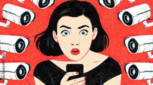 Illustrated young woman with dark hair holding a smartphone, surrounded by security cameras on a vibrant red background, expressing surprise and concern about surveillance