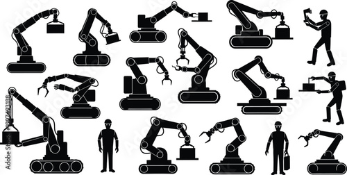 Industrial robots and human workers illustration isolated on white background, Vector