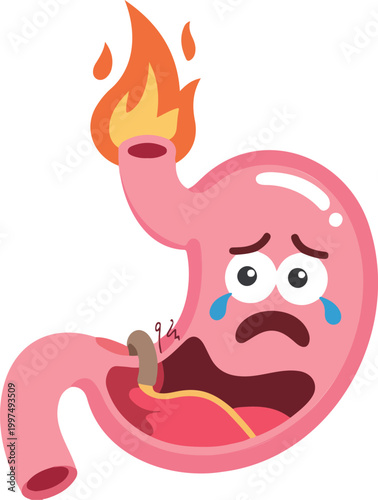 Sad cartoon stomach character with fire and tears representing heartburn acid reflux indigestion gastritis and digestive system health problems