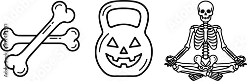 Minimalist icon set of spooky fitness themes featuring crossed bones, a jack-o'-lantern kettlebell, and a meditating yoga skeleton.