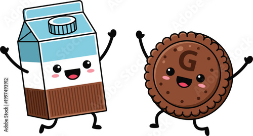Cute milk and cookie cartoon vector. Kawaii food characters set. Happy biscuit and milk carton mascots with funny faces, playful snack illustration for kids design.
