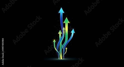Colorful, glowing arrows ascend from a black background, symbolizing growth