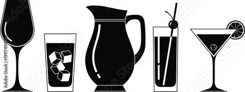 Drink silhouettes vector set. Cocktail, wine and juice glasses collection. Black beverage icons including pitcher and iced drinks for bar, menu and party design.