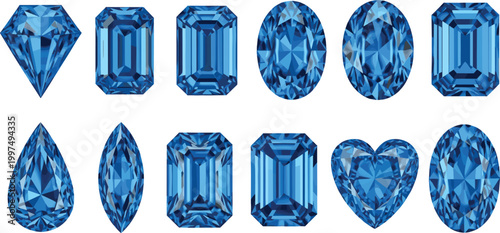 Blue Diamond and Sapphire Gemstone Collection with Heart, Pear, Marquise, Oval, and Emerald Cut Vector Illustrations for Luxury Jewelry Design and High-End Branding Projects