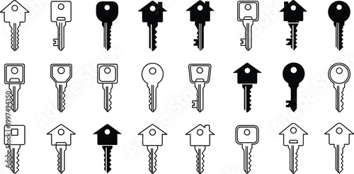 House keys icons set vector. Real estate key shapes collection. Simple outline and solid locksmith symbols for home security, property access and lock design.