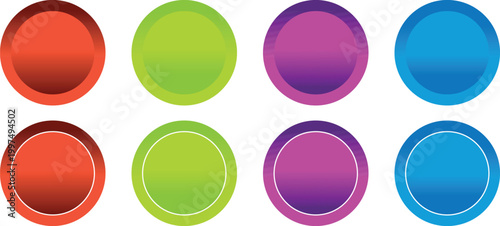 A set of eight high-quality circular buttons featuring a glossy reflective gradient finish. These vibrant UI elements offer a polished look suitable for interactive web components mobile applications 