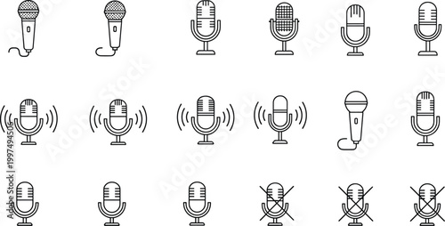Microphone icons vector set. Audio recording and voice symbols collection. Line style mics with sound waves and mute icons for podcast, studio and media design.