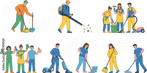 Cleaning service workers set with janitors housekeeping staff using equipment for maintenance and sanitation tasks