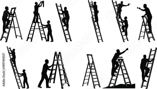 Construction workers on ladders silhouette set with builders performing maintenance installation and repair tasks