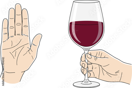 No alcohol concept vector illustration. Hand refusing drink and holding wine glass. Stop drinking symbol, sober lifestyle awareness, addiction prevention and healthy choice design.