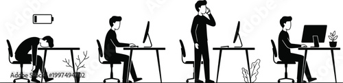 Office worker fatigue burnout and productivity concept with low battery symbol and desk work silhouettes