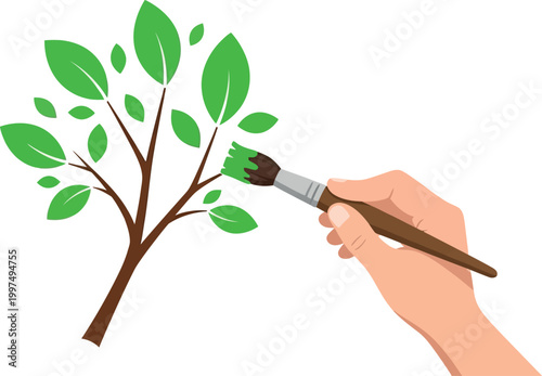 Hand painting green leaves on a tree with a brush