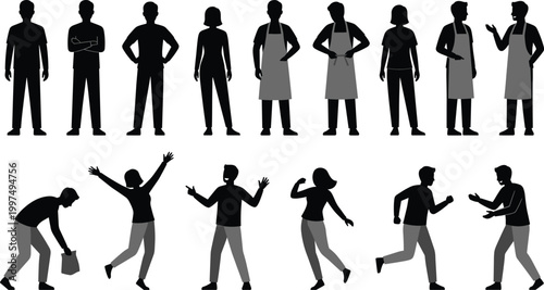 People silhouette set with workers customers and everyday activities poses isolated vector illustration collection