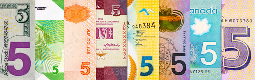 Fotografie 5 Dollar banknotes from different countries, featuring currency from the USA, Canada, Australia, New Zealand, Suriname, Liberia