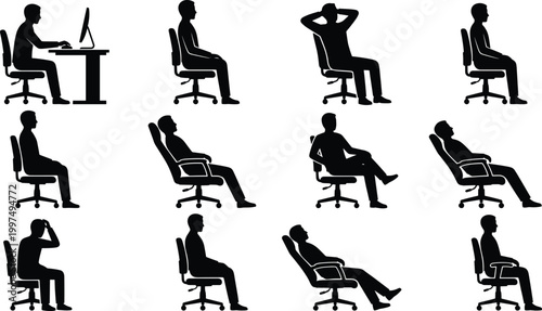 Office worker sitting postures silhouette set with ergonomic chair positions and workplace sitting habits collection