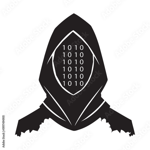 Anonymous Hacker in Hood with Binary Code Face, Cyber Security Concept Illustration
