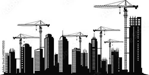 Construction Site City Skyline Silhouette Featuring Modern Buildings Skyscraper Development and Tower Cranes Representing Urban Growth Real Estate and Infrastructure Projects