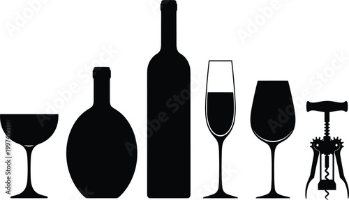 Wine silhouettes vector set. Bottle, glasses and corkscrew collection. Black bar drink icons for restaurant menu, winery branding and alcohol beverage design.