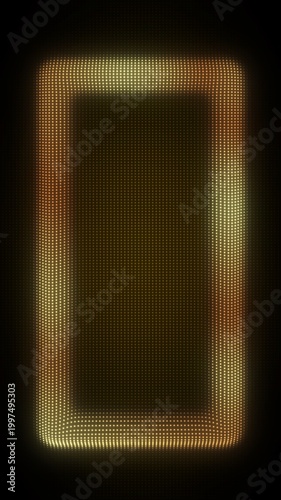 3D Golden Vertical Rectangle Frame, Digital Dot Particles on Dark Background, Glowing Dot Grid Geometric Shape Border