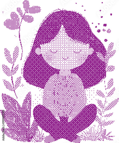 Dotted girl meditating peacefully in a lush green garden with closed eyes and a gentle smile