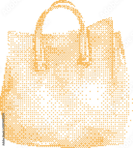 Fashionable tote bag rendered in pixelated mosaic style on a clean white background