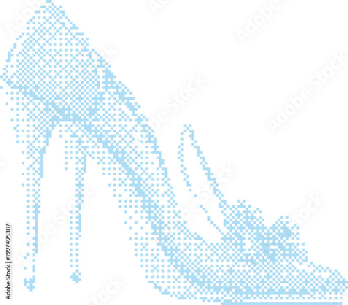 Glass high heel shoe design with subtle blue pixelation on white background