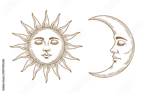 Vintage Engraving Style Illustration of Sun and Moon with Human Faces