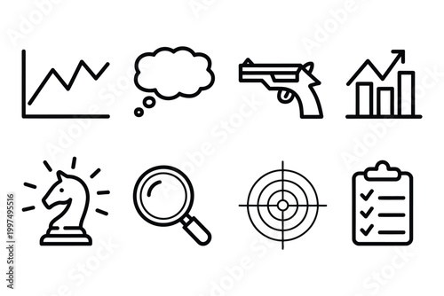 Cognitive models icons linear set brainwave graph thought bubble trigger response data chart motivation perception lens vector