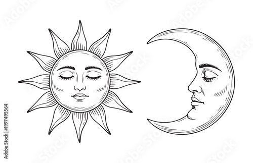 Mystical Sun and Moon with Faces in Vintage Engraving Art Style