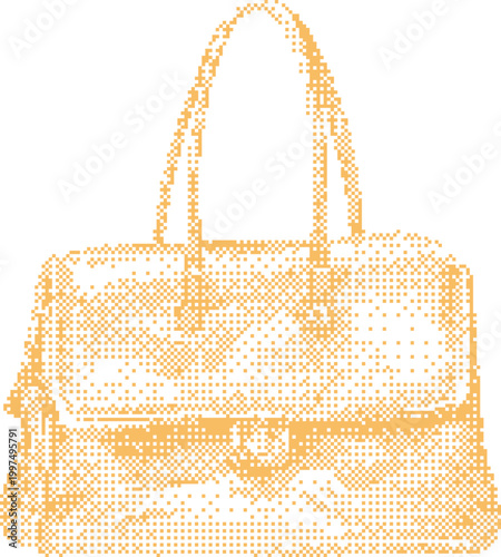 Pixelated handbag with a flap closure and shoulder straps rendered in a warm ochre tone