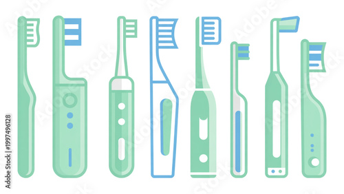 Colorful set of toothbrushes with different bristle styles in a row Vector