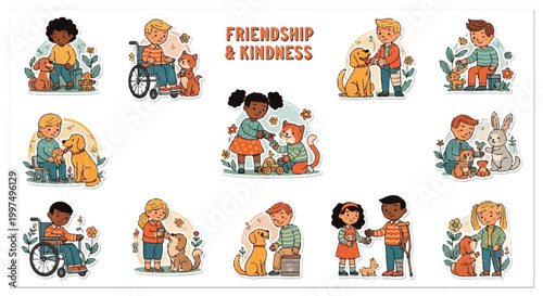 Children and animals friendship kindness illustrated vector set