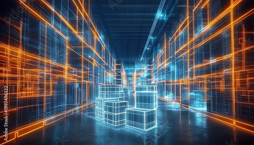 Abstract digital wireframe cityscape with glowing neon orange and blue architectural lines.