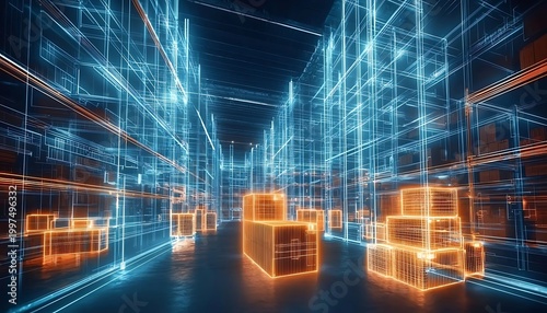 Digital warehouse grid with glowing neon lines and illuminated cubes representing data.
