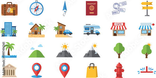 Travel and Tourism Icon Set Featuring Passport, Compass, Hotel, Cafe, Map Pin, Mountains and Vacation Elements for Trip Planning Design.