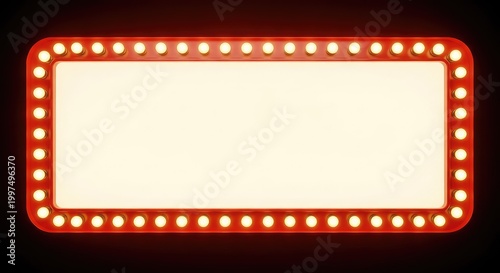 Glowing red marquee frame with vintage round light bulbs. Rectangular retro signboard for cinema or theater display with central copy space, signboard, metal, glamour