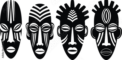 Four african tribal masks silhouette a study in black and white art