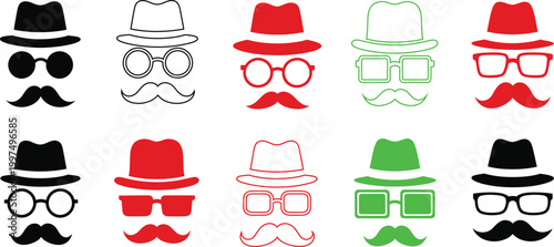 Colorful hat and mustache silhouettes a whimsical collection of facial accessories