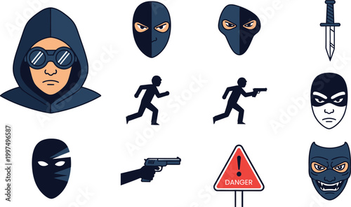 Masked figures and crime elements a silhouette collection for security and mystery
