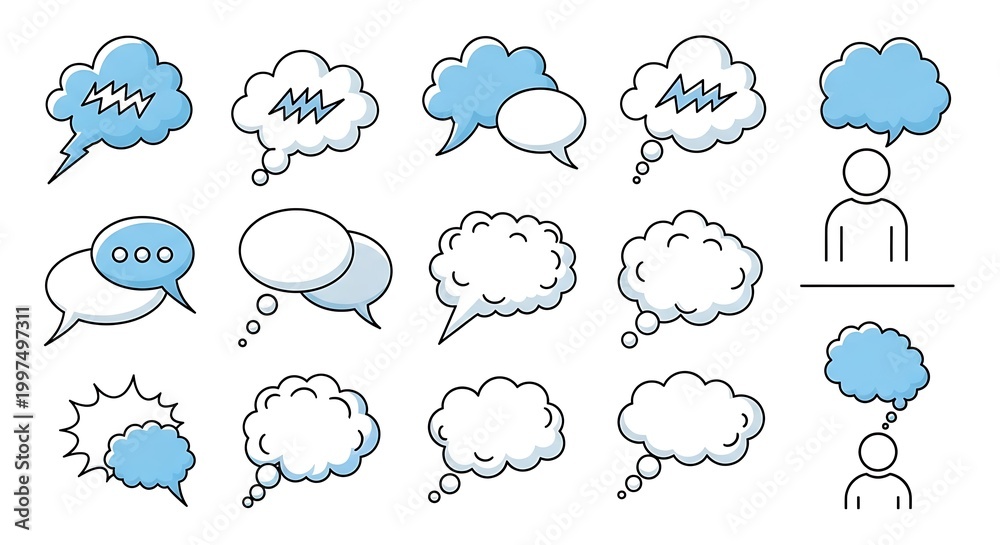 Obraz premium Collection of diverse blank and patterned speech bubbles and thought clouds