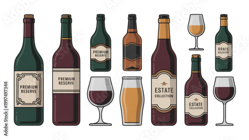 Assorted selection of craft beers and ales in a row Vector