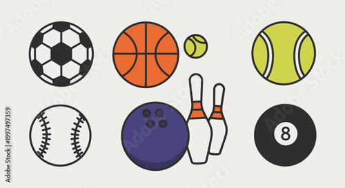 Collection of Various Sports Balls and Equipment, Vector Illustration