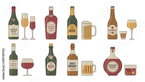 Colorful set of twelve different beverage bottles and glasses Vector